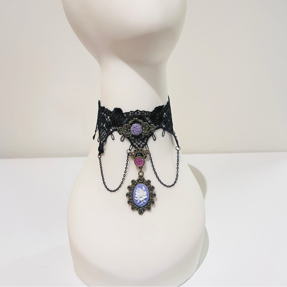 Black Lace Crochet Purple Pendant Chain Drop Chain Victorian Choker Necklace - Picture 2 of 5